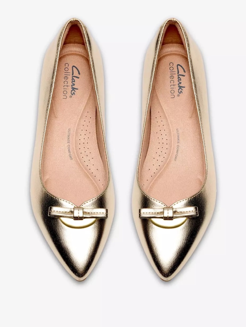 CLARKS COLLECTION NATALYN TRIM GOLD METALLIC POINTED TOE LOW HEEL FLAT 8 WIDE